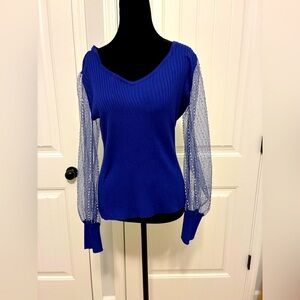 Blue Sweater with Sheer Sleeves by Cato.
